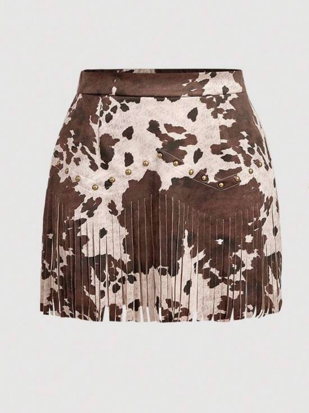 Cowhide-Pattern Brown Fringe Mini Skirt